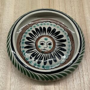 Hand Painted Mexican Tonala Signed Round Pottery Trinket Dish SUN Design